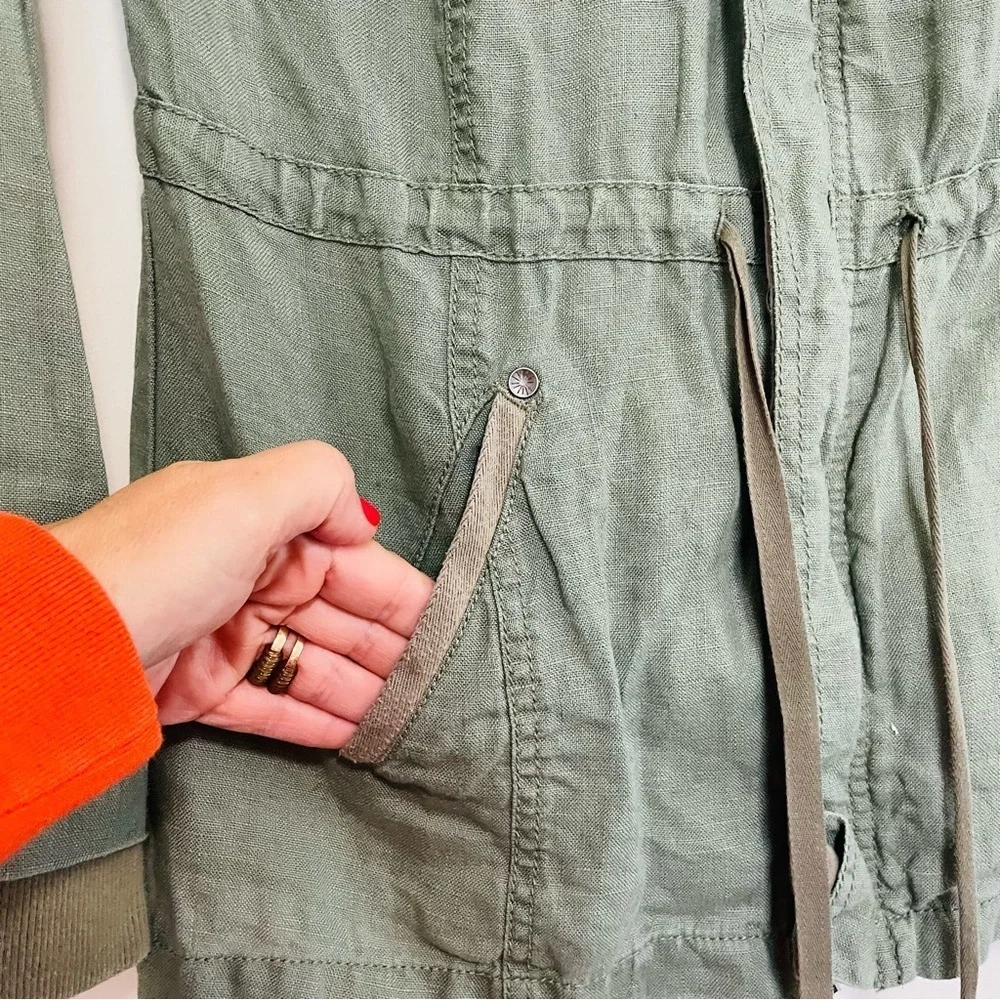 Michael Stars Military Anorak Green Linen Jacket‎ Zipper Tie Waist Size Small